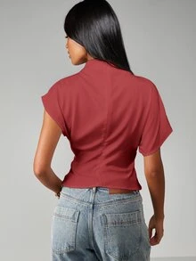 MISSGUIDED Mock Neck Cap Sleeve Fitted Blouse With Structured Shoulders And Curved Hem For Casual And Smart Occasions - Dusty Pink - View 2