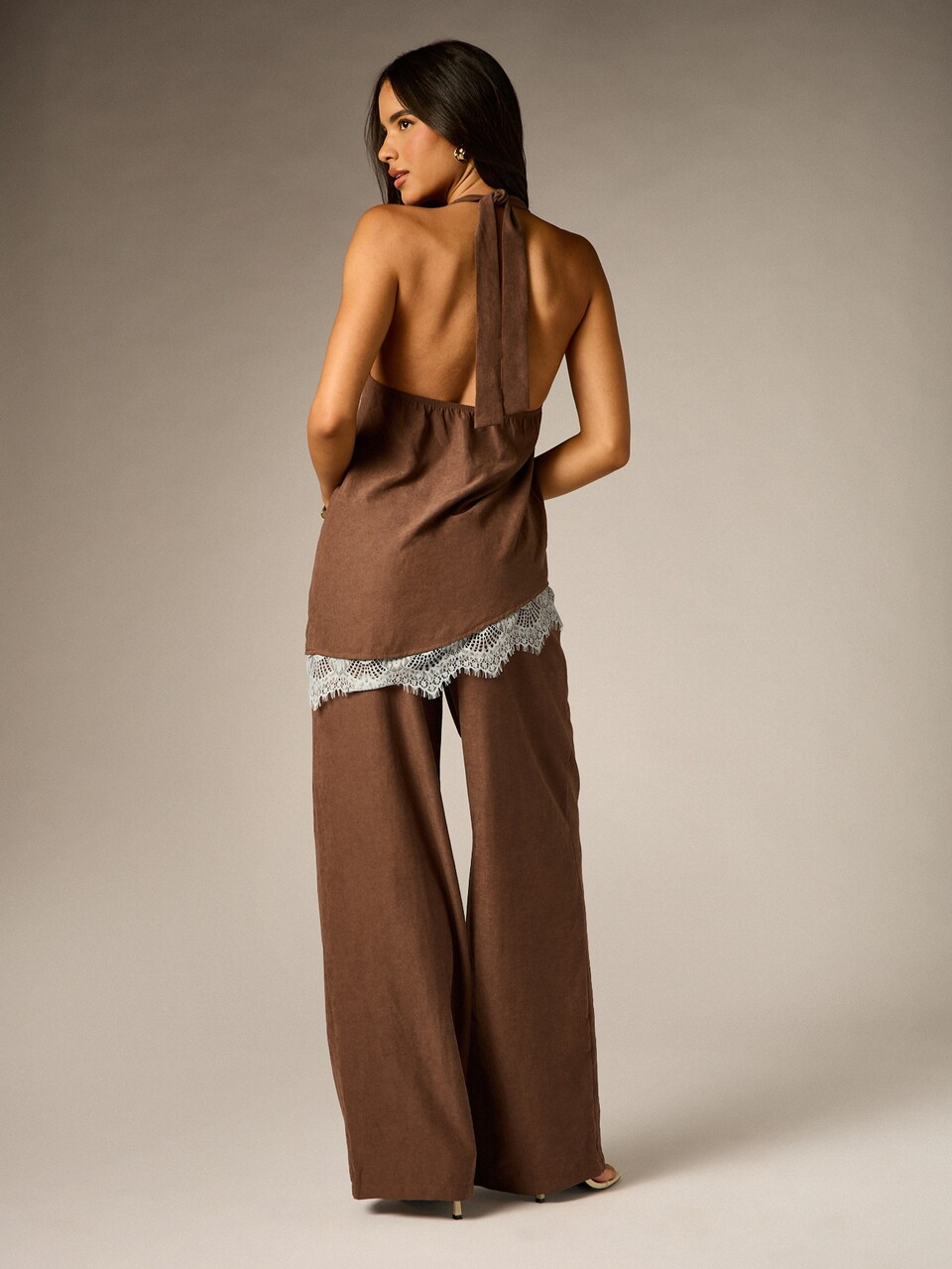 AiiRZ Halter Neck Linen Feel Top And Wide Leg Pants Set With Lace Trim