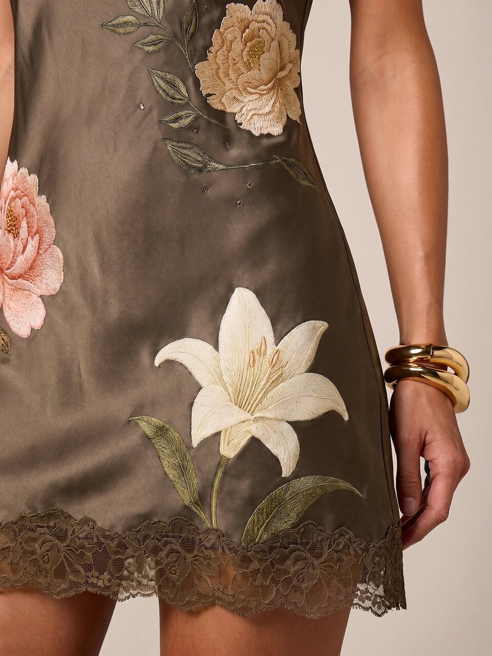 AiiRZ Satin Slip Dress With Floral Embroidery And Lace Trim