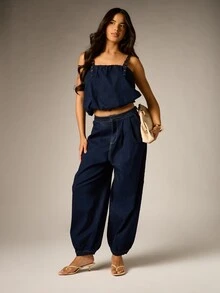 AiiRZ High Rise Pleated Baggy Denim Jeans With Elastic Ankle Cuff And Side Pockets In Dark Wash For Fall Winter - Blue - View 3
