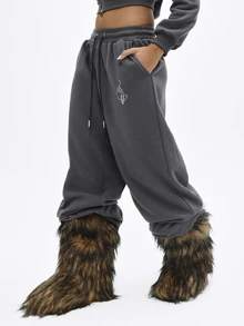 BABYPHAT Oversized Baggy Jogger Sweatpants With Rhinestone Cat Logo And Script Waistband Detail Fall Winter Casual Streetwear - Dark Grey - View 3