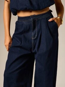 AiiRZ High Rise Pleated Baggy Denim Jeans With Elastic Ankle Cuff And Side Pockets In Dark Wash For Fall Winter - Blue - View 4