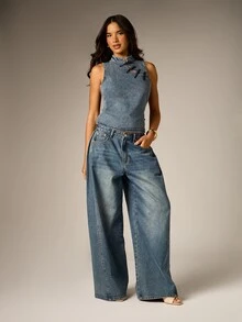 AiiRZ Sleeveless Denim Crop Vest Top With Chinese Frog Button Closure High Neck Festival Summer Holiday Style - Medium Wash - View 5