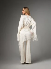 MISSGUIDED Satin Fringe Batwing Blouse And Wide Leg Pants Co-Ord Set With Tie Waist Belt And Asymmetric Hem Party Evening Two Piece Outfit - Apricot - View 3