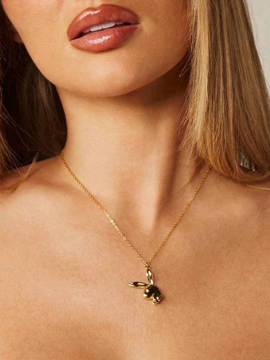 Missguided x Playboy 兔兔吊墜項鍊 經典Logo 3D吊飾 細鏈 節日禮物首飾 情人節 - 金色 - 查看 1
