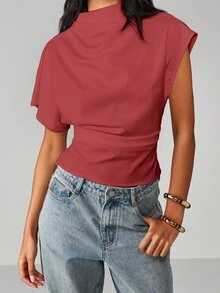 MISSGUIDED Mock Neck Cap Sleeve Fitted Blouse With Structured Shoulders And Curved Hem For Casual And Smart Occasions - Dusty Pink - View 5
