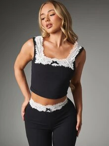 MISSGUIDED Lace Trim Crop Cardigan And Cropped Leggings Co-Ord Set With Square Neck Cami Top And White Ruffle Lace Detail - Black and White - View 4