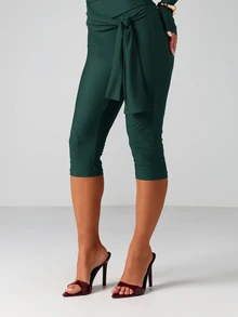MISSGUIDED Capri 緊身褲 附腰部綁帶設計 - 七分小腿彈性褲，高腰修身款，適合夏季與度假 - 獵人綠 - 查看 3