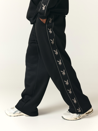 PLAYBOY X SUMWON Bunny Logo Side Tape Wide Leg Sweatpants With Drawstring Waist And Full Length Relaxed Fit For Casual Everyday Loungewear