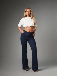 MISSGUIDED High Rise Flared Jeans With Pull-On Waistband Dark Wash Denim Flare Leg Full Length Stretch Fit Spring Summer - Dark Wash - View 2