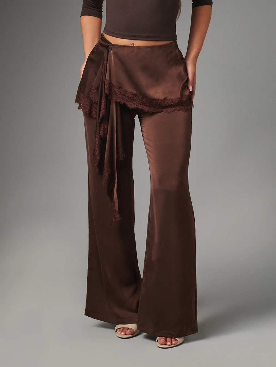 MISSGUIDED Satin Wide Leg Flare Pants With Lace Trim Wrap Skirt Overlay Mid Rise Full Length Elegant Evening Party Trousers - Brown - View 1