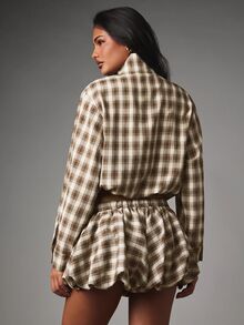 MISSGUIDED 格子泡泡短褲，鬆緊腰頭、荷葉邊下擺，迷你短款燈籠褲風，秋冬節慶假期派對下身穿搭 - 棕色 - 查看 2
