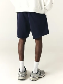 SUMWON Men's Navy Fleece Drawstring Shorts With Monogram Logo Print Summer Casual Comfortable Relaxed Fit Above Knee Length Side Pocket - Navy Blue - View 6