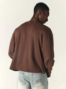 SUMWON Boxy Crop Long-Sleeve Tee With Chest Script Logo Embroidery Crew Neck Drop Shoulder Casual Streetwear Top For Autumn Winter - Brown - View 2