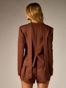 AiiRZ Chocolate Brown Fitted Blazer With Lace Trim Detail Collarless Button Front Structured Shoulders Patch Pockets Fall Winter Evening - Brown - View 2