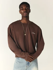 SUMWON Boxy Crop Long-Sleeve Tee With Chest Script Logo Embroidery Crew Neck Drop Shoulder Casual Streetwear Top For Autumn Winter - Brown - View 6