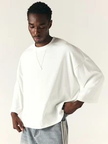 SUMWON Ribbed Knit Boxy Crop Top With Crew Neck Dropped Shoulder Elbow Sleeve Oversized Casual Streetwear Summer Essential - White - View 1
