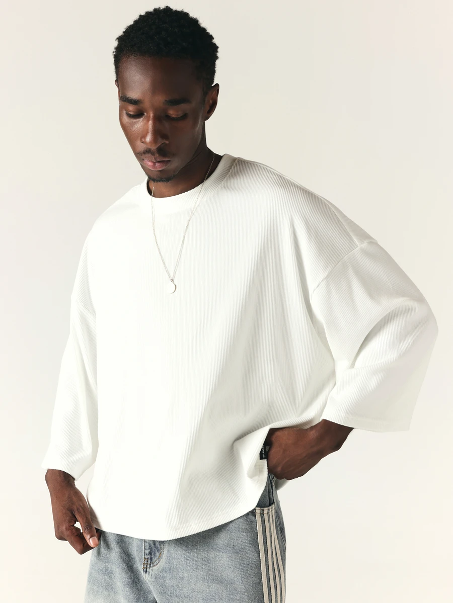 SUMWON Ribbed Knit Boxy Crop Top With Crew Neck Dropped Shoulder Elbow Sleeve Oversized Casual Streetwear Summer Essential - White - View 1