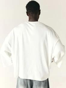 SUMWON Ribbed Knit Boxy Crop Top With Crew Neck Dropped Shoulder Elbow Sleeve Oversized Casual Streetwear Summer Essential - White - View 2