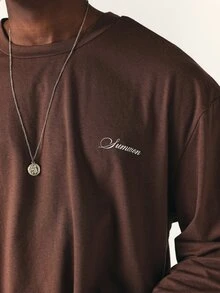 SUMWON Boxy Crop Long-Sleeve Tee With Chest Script Logo Embroidery Crew Neck Drop Shoulder Casual Streetwear Top For Autumn Winter - Brown - View 5