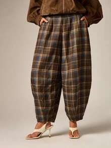 AiiRZ Celana Panjang Model Barrel Leg Motif Kotak-kotak dengan Pinggang Elastis, Potongan Sedang, Kaki Lebar, Motif Tartan, Celana Kasual Musim Gugur dan Musim Dingin - MultiWarna - View 2