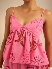 Dancing Leopard Pink Broderie Floaty Camisole Top, Holiday/Vacation Wear - Pink - View 5