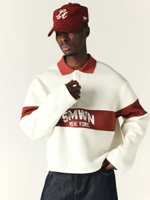 SUMWON Boxy Fit New York Color Block Rugby Polo Shirt Long Sleeve Distressed Logo Print Oversized Fit Collared Sweatshirt - Multicolor - View 4