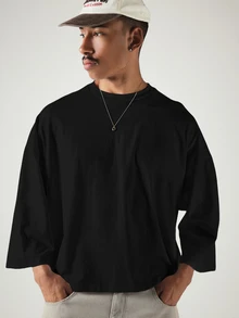 SUMWON Oversized Cropped Crew Neck Tee With Three Quarter Drop Shoulder Sleeves Relaxed Boxy Fit Casual Everyday Essential - Black - View 4