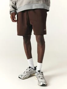 SUMWON Script Embroidered Fleece Drawstring Shorts With Side Pockets Relaxed Fit Just Above Knee Length Casual Everyday Style - Brown - View 4