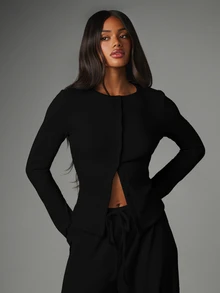 MISSGUIDED Long Sleeve Open Front Cutout Top And Wide Leg Drawstring Pants Co-Ord Two Piece Lounge Set - Black - View 4