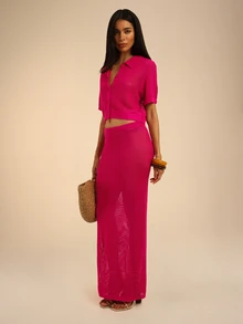 Dancing Leopard Hot Pink Open-Knit Top And Skirt Co-Ord, Holiday/Vacation Wear - Hot Pink - View 4