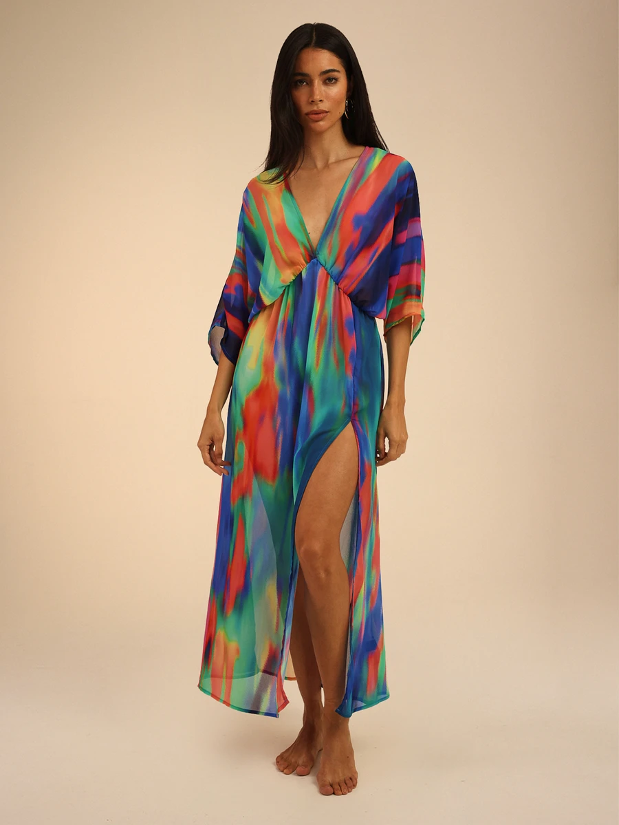 Dancing Leopard Print Plunge Neck Batwing Loose Fit Midi Dress, Summer Outfits For Women, Vacation Dress, Holiday Dress - Multicolor - View 1