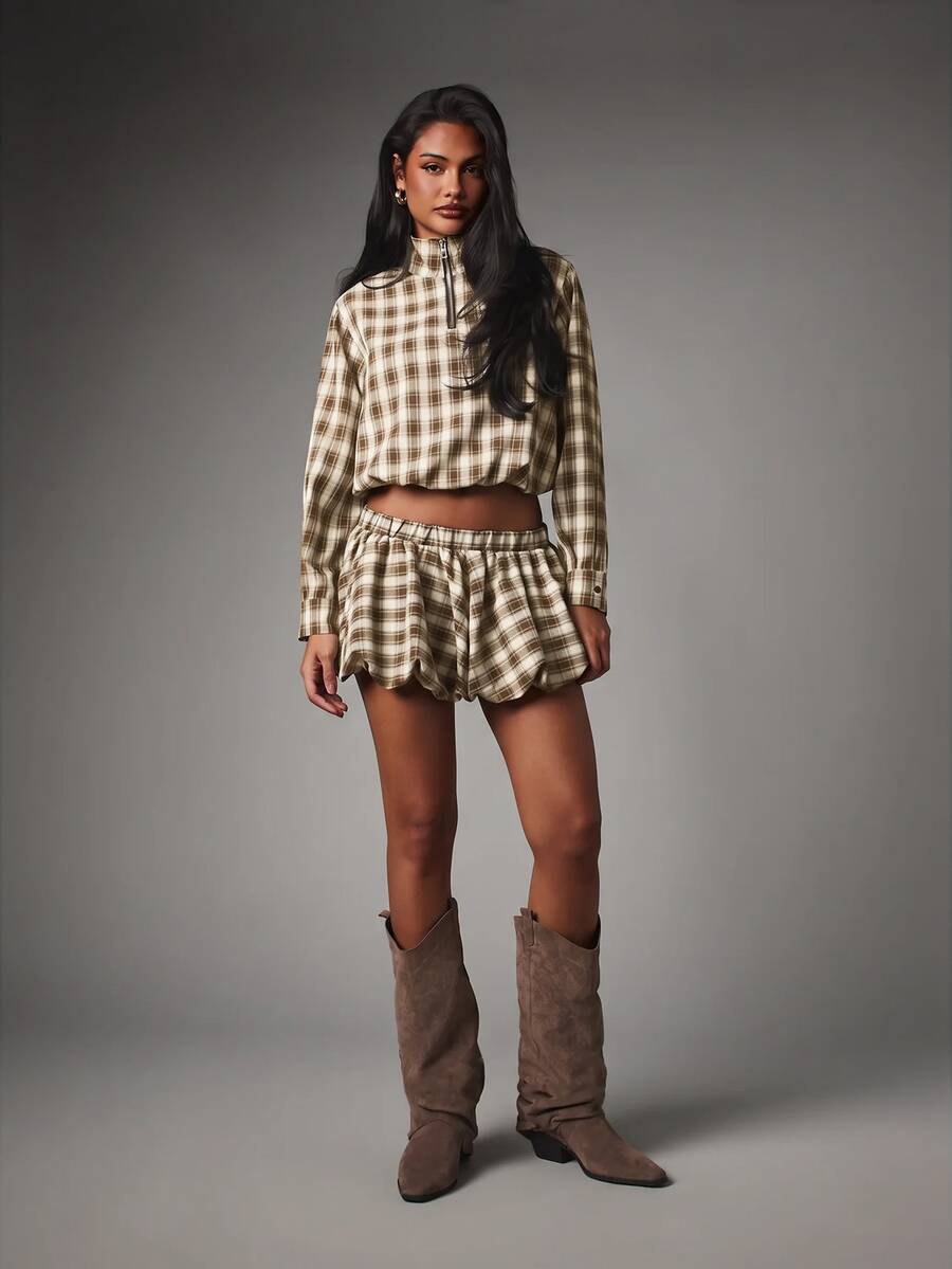 MISSGUIDED 格子泡泡短褲,鬆緊腰頭、荷葉邊下擺,迷你短款燈籠褲風,秋冬節慶假期派對下身穿搭 - 棕色 - 查看 1