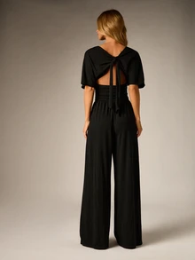 AiiRZ Deep Plunge Wide Leg Full Length Jumpsuit With Batwing Sleeves Ruched Waist And Open Tie Back Detail - Black - View 2