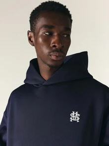 SUMWON Men's Oversized Navy Hoodie With Embroidered Monogram Logo Chest Detail Centre Pocket Long Sleeve Pullover Winter Essential - Navy Blue - View 5