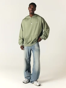 SUMWON Oversized Pullover Hoodie With Back Graphic Print Embroidered Logo Centre Pocket Long Sleeve Casual Streetwear - Army Green - View 3