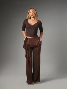 MISSGUIDED Satin Wide Leg Flare Pants With Lace Trim Wrap Skirt Overlay Mid Rise Full Length Elegant Evening Party Trousers - Brown - View 5
