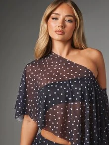 MISSGUIDED Polka Dot One-Shoulder Sheer Chiffon Crop Top And Bodycon Mini Skirt Co-Ord Set Summer Holiday Party Outfit - Multicolor - View 5