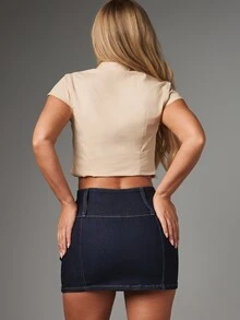 MISSGUIDED Dark Wash High Rise Denim Mini Skirt With Contrast Stitching Bodycon Pencil Fit Autumn Winter Night Out Style - Dark Wash - View 3