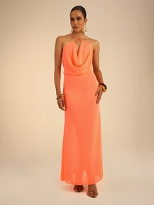 Dancing Leopard Orange Cowl Halterneck Dress, Wedding Guest Occasion Wear - Orange - View 1