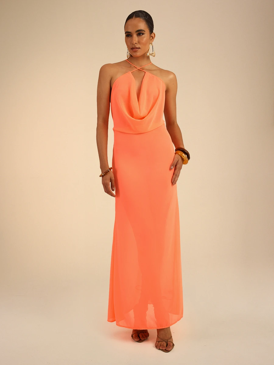 Dancing Leopard Orange Cowl Halterneck Dress, Wedding Guest Occasion Wear - Orange - View 1