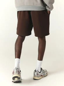 SUMWON Script Embroidered Fleece Drawstring Shorts With Side Pockets Relaxed Fit Just Above Knee Length Casual Everyday Style - Brown - View 2