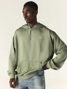 SUMWON Oversized Pullover Hoodie With Back Graphic Print Embroidered Logo Centre Pocket Long Sleeve Casual Streetwear - Army Green - View 2