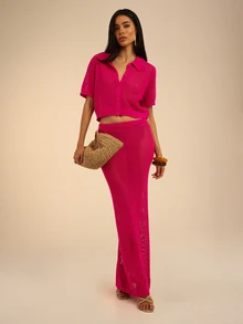 Dancing Leopard Hot Pink Open-Knit Top And Skirt Co-Ord, Holiday/Vacation Wear - Hot Pink - View 3