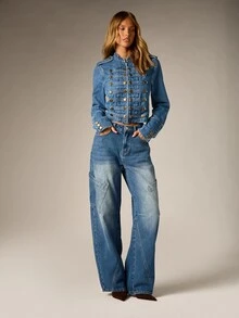 AiiRZ Cropped Denim Military Jacket With Gold Button Detail Stand Collar Zip Closure Fitted Silhouette Festival Spring - Dark Wash - View 6