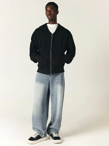 SUMWON Team Full-Zip Oversized Hoodie With Script Back Print And Silver Zipper Casual Streetwear Style - Black - View 3