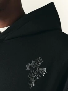 SUMWON Crop Fit Oversized Black Hoodie With Rhinestone Cross And Dove Graphic On Chest And Full Back Embellished Detail - Black - View 5