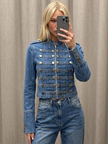 AiiRZ Cropped Denim Military Jacket With Gold Button Detail Stand Collar Zip Closure Fitted Silhouette Festival Spring - Dark Wash - View 1