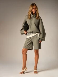 AiiRZ Oversized Full-Zip Mock Neck Jacket And Bermuda Shorts Co-Ord Set With Puff Sleeves And Elastic Cuffs - Green - View 3