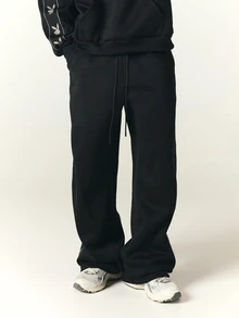 PLAYBOY X SUMWON Bunny Logo Side Tape Wide Leg Sweatpants With Drawstring Waist And Full Length Relaxed Fit For Casual Everyday Loungewear - Black - View 4